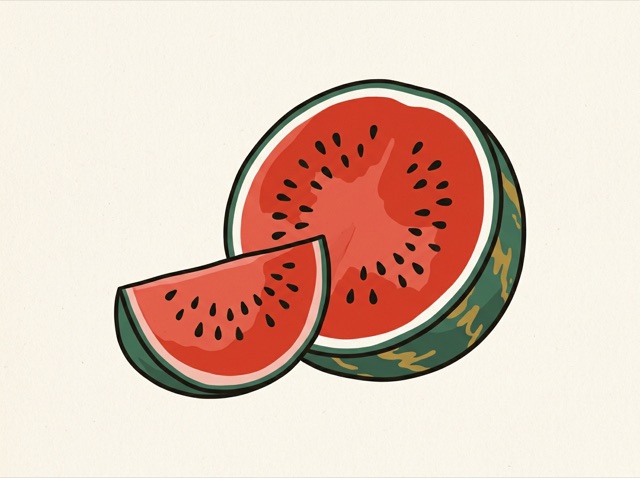 A watermelon cut open showing red flesh and black seeds
