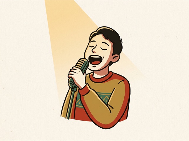 A person singing into a microphone under a spotlight