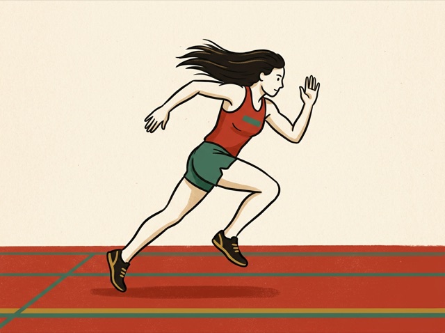 A runner sprinting on a track, arms pumping