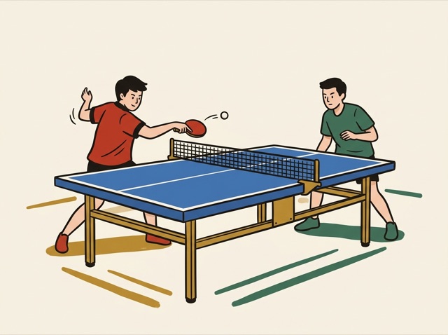 Two players at a ping-pong table, ball in mid-air