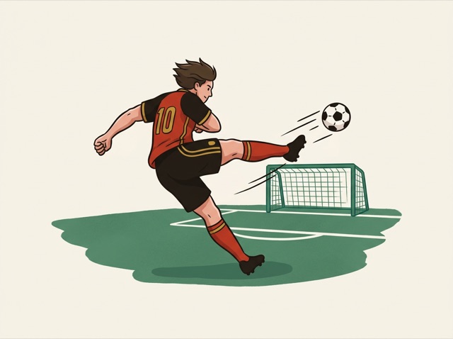 A player striking a football towards a goal