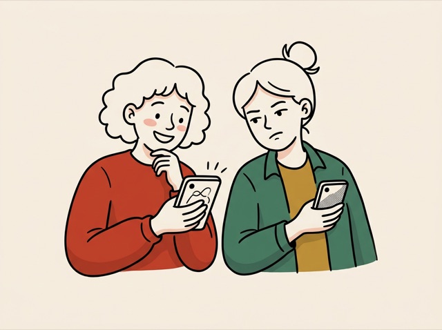 Two friends comparing photos on their phones, one delighted