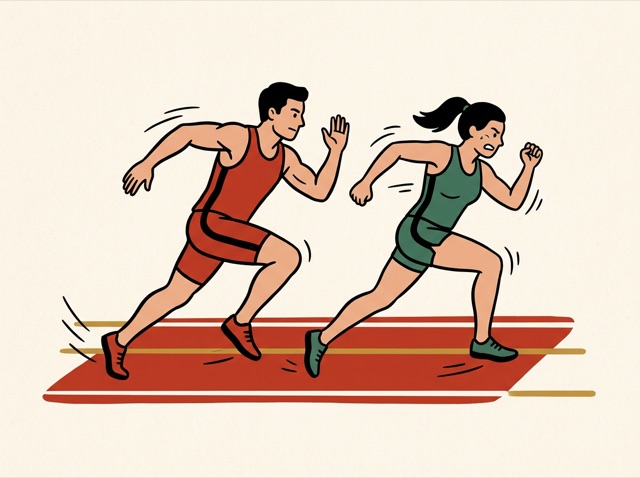 Two runners racing neck and neck on a track