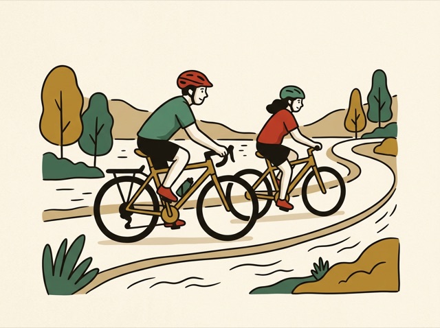 Two people riding bicycles along a river path