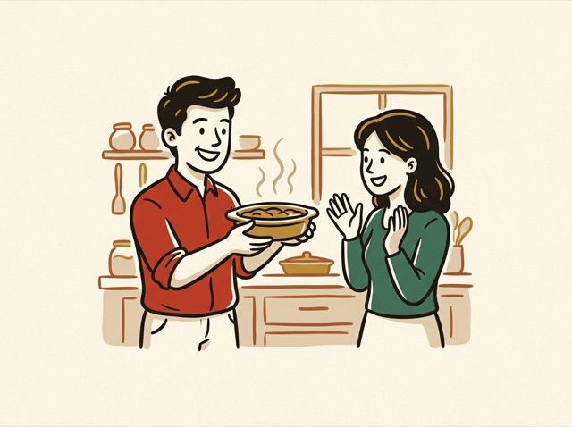 A husband proudly presenting a dish to his wife in the kitchen