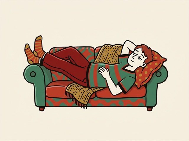 A person lying on a sofa with feet up, relaxed