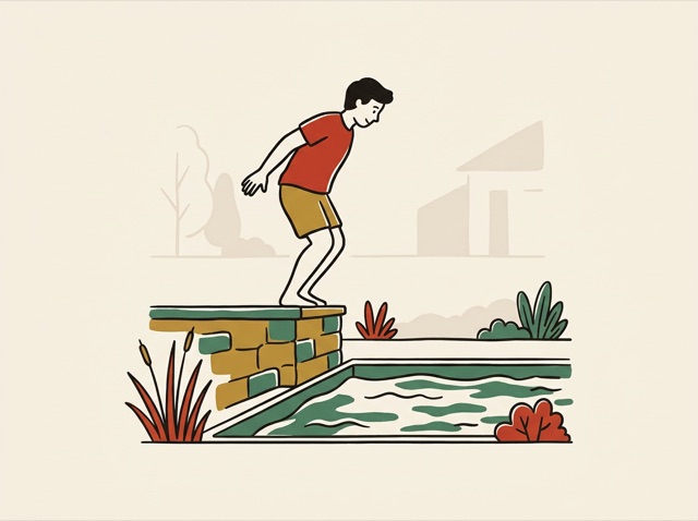 A person about to jump down from a low wall into a pool