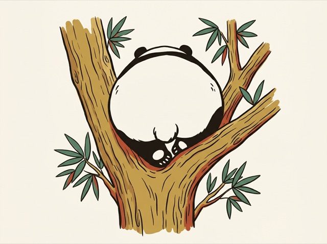 A panda sitting high in a tree, seen from below