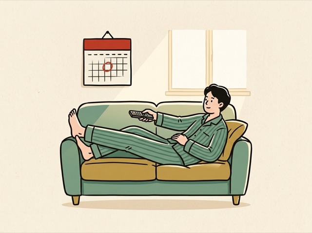 A person in pyjamas on the sofa on a weekday morning, a calendar showing Monday