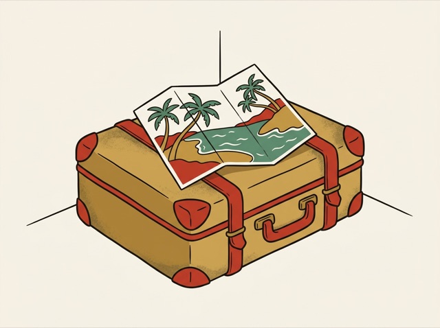 An untouched suitcase with a Thailand travel brochure on top, gathering dust