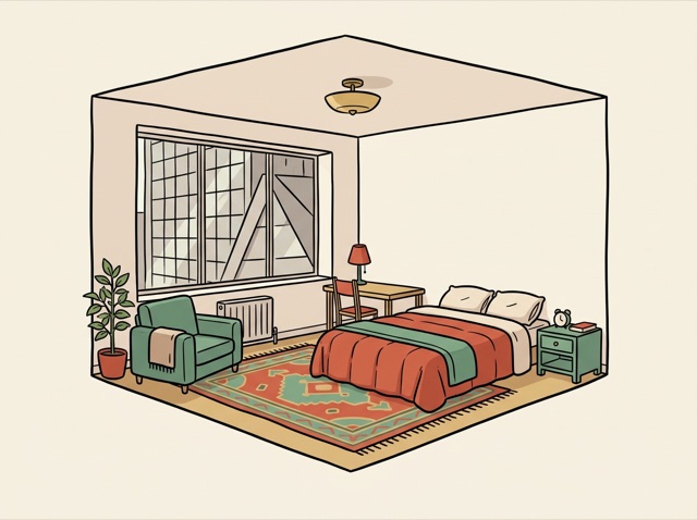 A tiny but cosy apartment with a window view of an office tower nearby