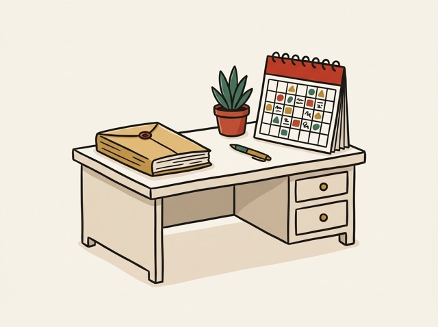 A tidy office desk with a fat pay envelope and a very full calendar