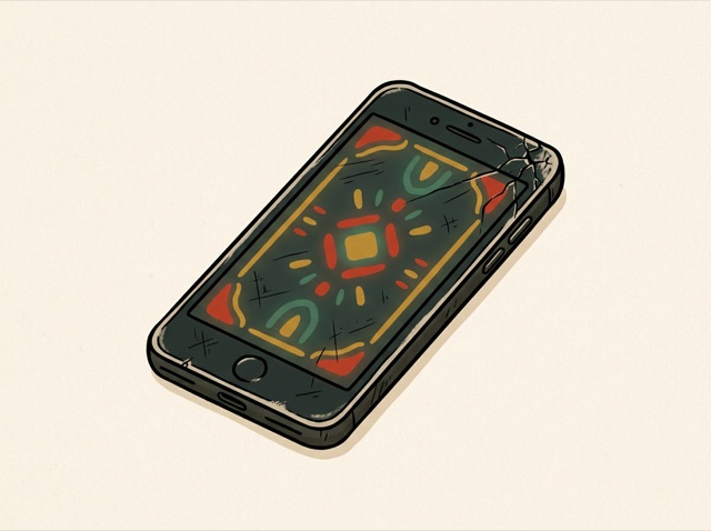 An old scratched phone still lit up and working