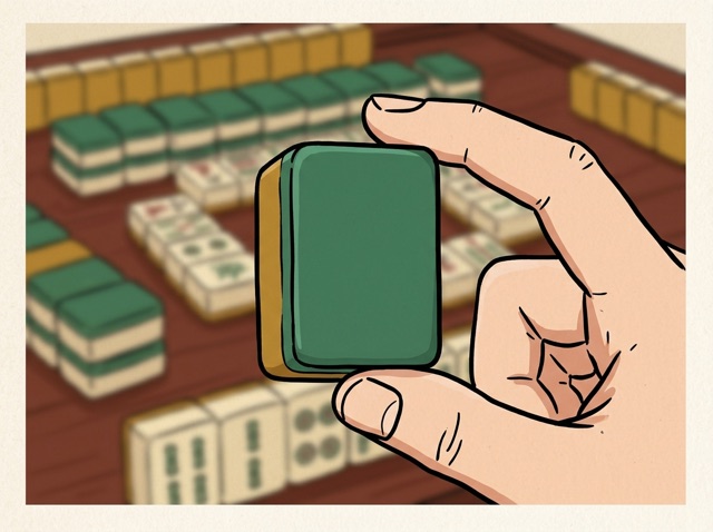 A mahjong tile held up between two fingers, table behind