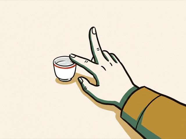 A single tiny cup of baijiu being pushed away, one finger raised