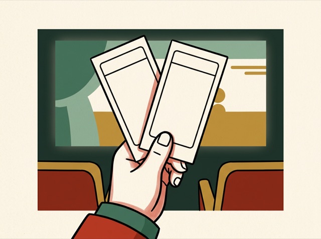 Two cinema tickets fanned out in a hand