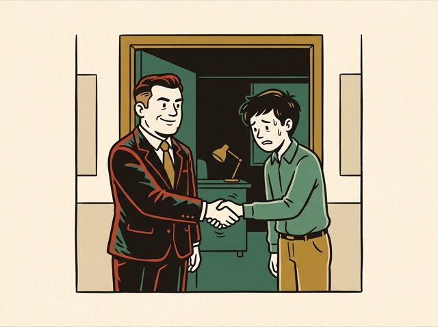 A boss in a suit shaking hands with an employee in a doorway