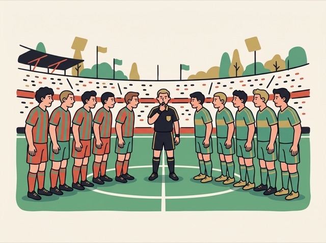 Footballers lined up on a pitch as a referee raises the whistle