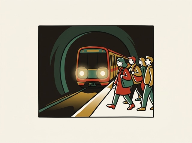 A metro train's headlights appearing in the tunnel, people stepping forward
