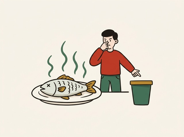 A whole fish on a plate with green stink lines, someone holding their nose