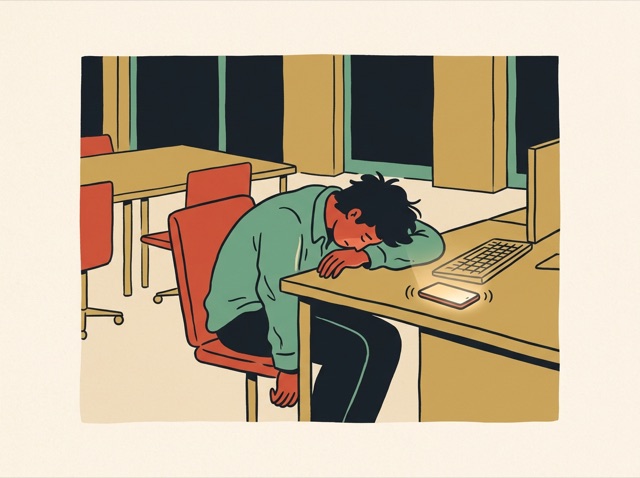 An exhausted worker at a desk at night, the office empty, phone buzzing
