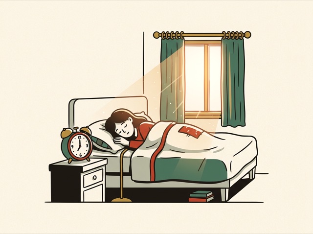 A person asleep at noon, a clock showing twelve, sun blazing in