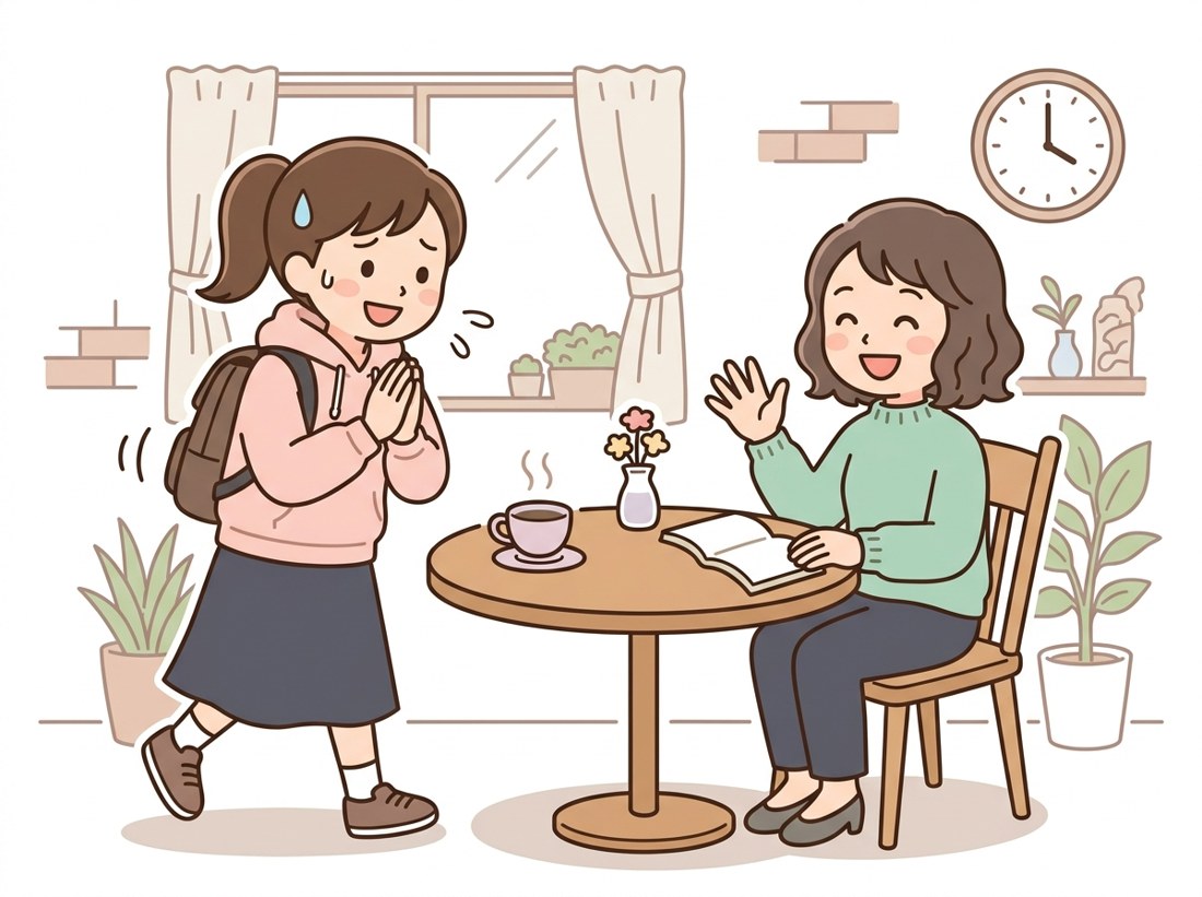 A girl rushes into a cafe apologising; her friend sits with a book and a coffee, smiling; the clock says four