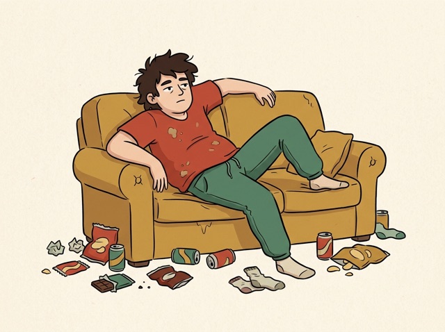 A slob on a sofa among snack bags