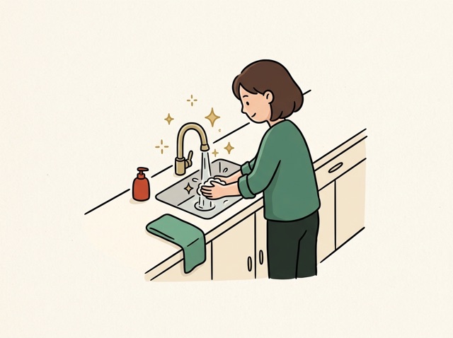 A spotless kitchen, hands being washed