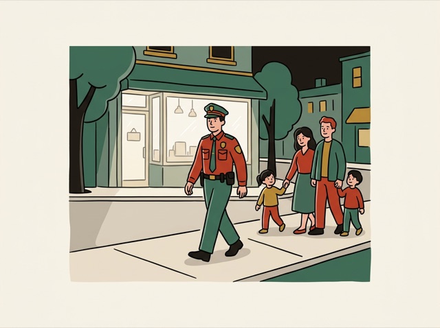 A calm street with a police officer