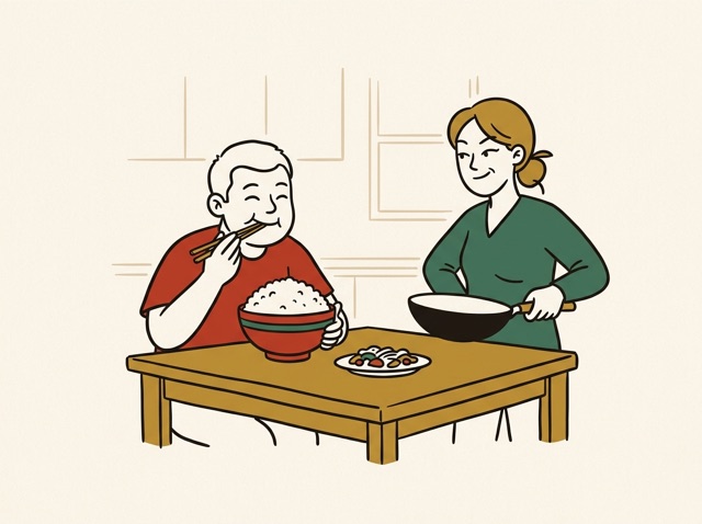 A guest eating happily at a friend's table