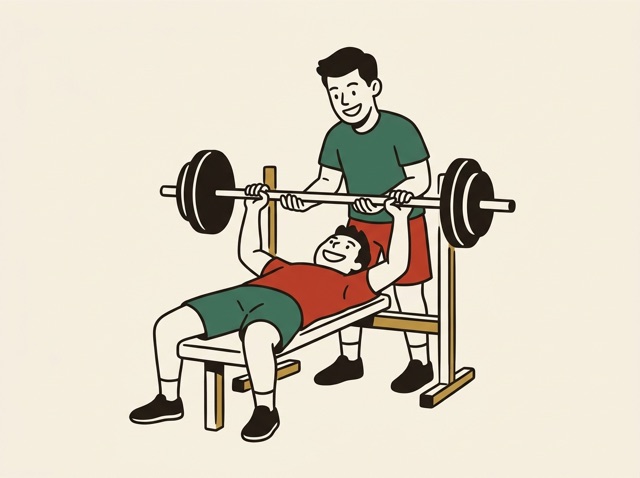 Two friends spotting each other at the gym