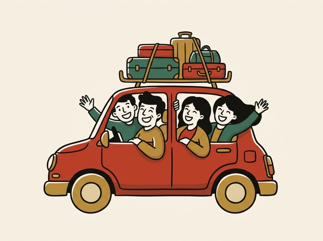 Four people sharing one small car