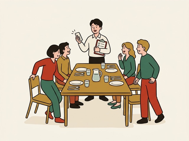 Someone with a phone gathering friends round a table