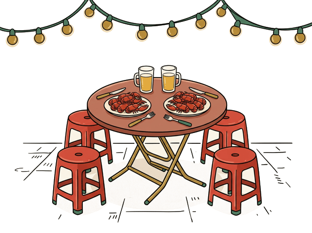 Outdoor plastic stools and a table of crayfish and beer