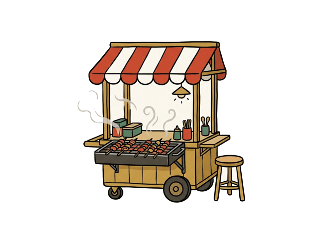 A small street food cart grilling skewers