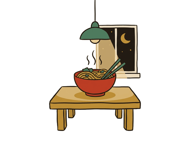 A steaming bowl of noodles under a lamp at night