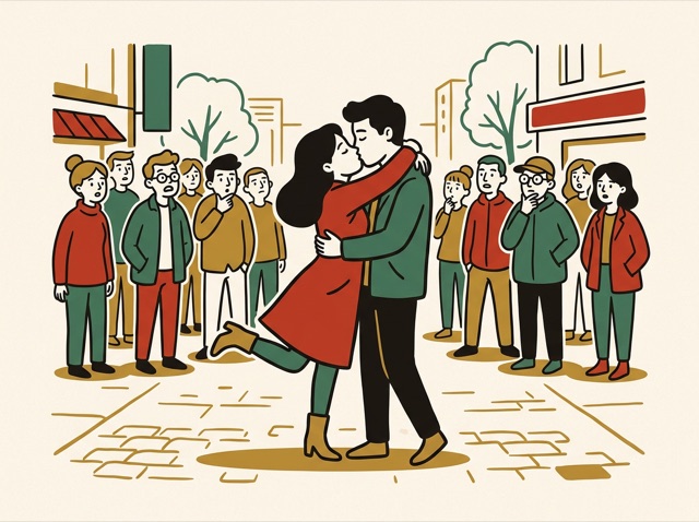 A couple kissing in a crowded square