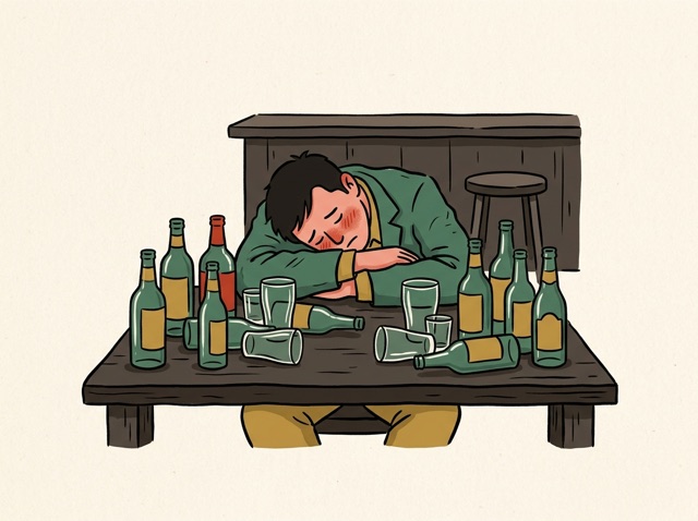 A person among empty bottles
