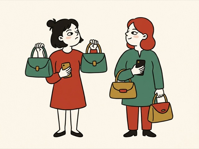 Two people comparing bags and phones
